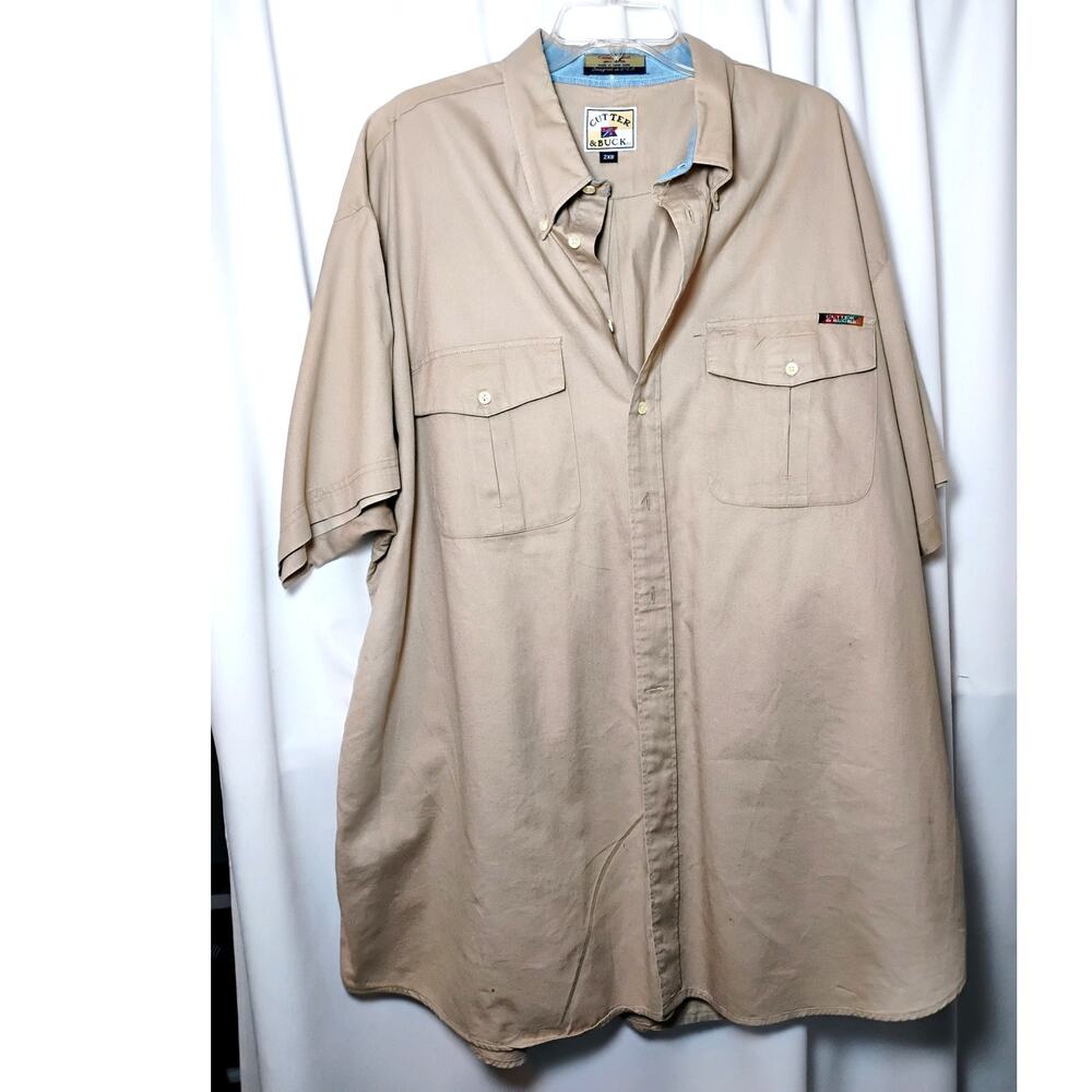 Cutter Buck Mens Khaki Short Sleeve Twill Button Up Workwear Shirt 2XB Utility